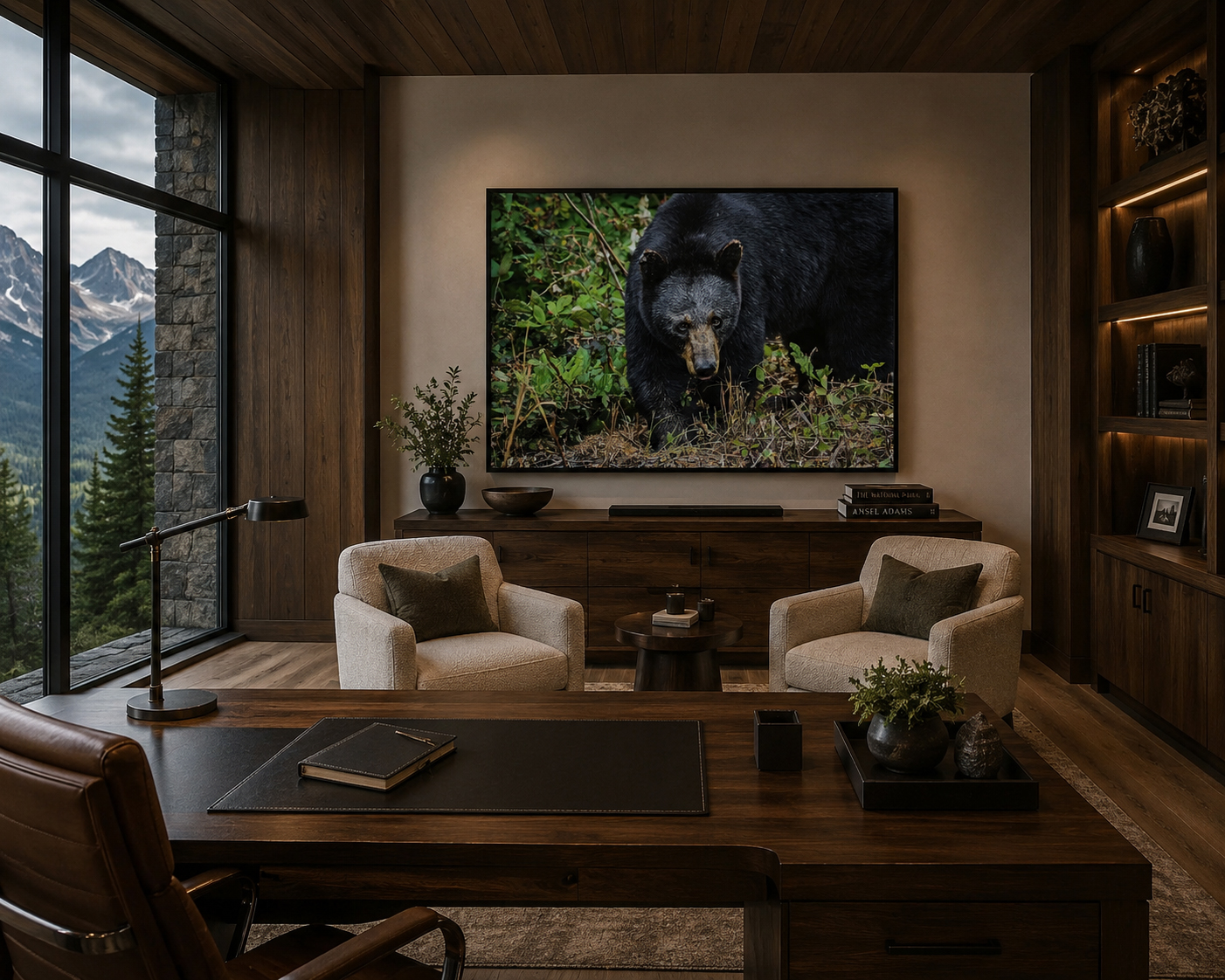 Large black bear wildlife artwork displayed in a mountain style office by Dan Sproul